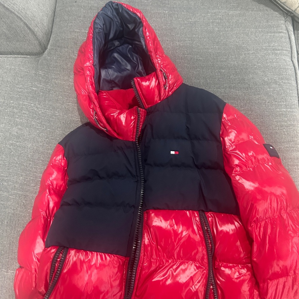 Tommy Hilfiger Red and Navy Quilted Puffer Coat